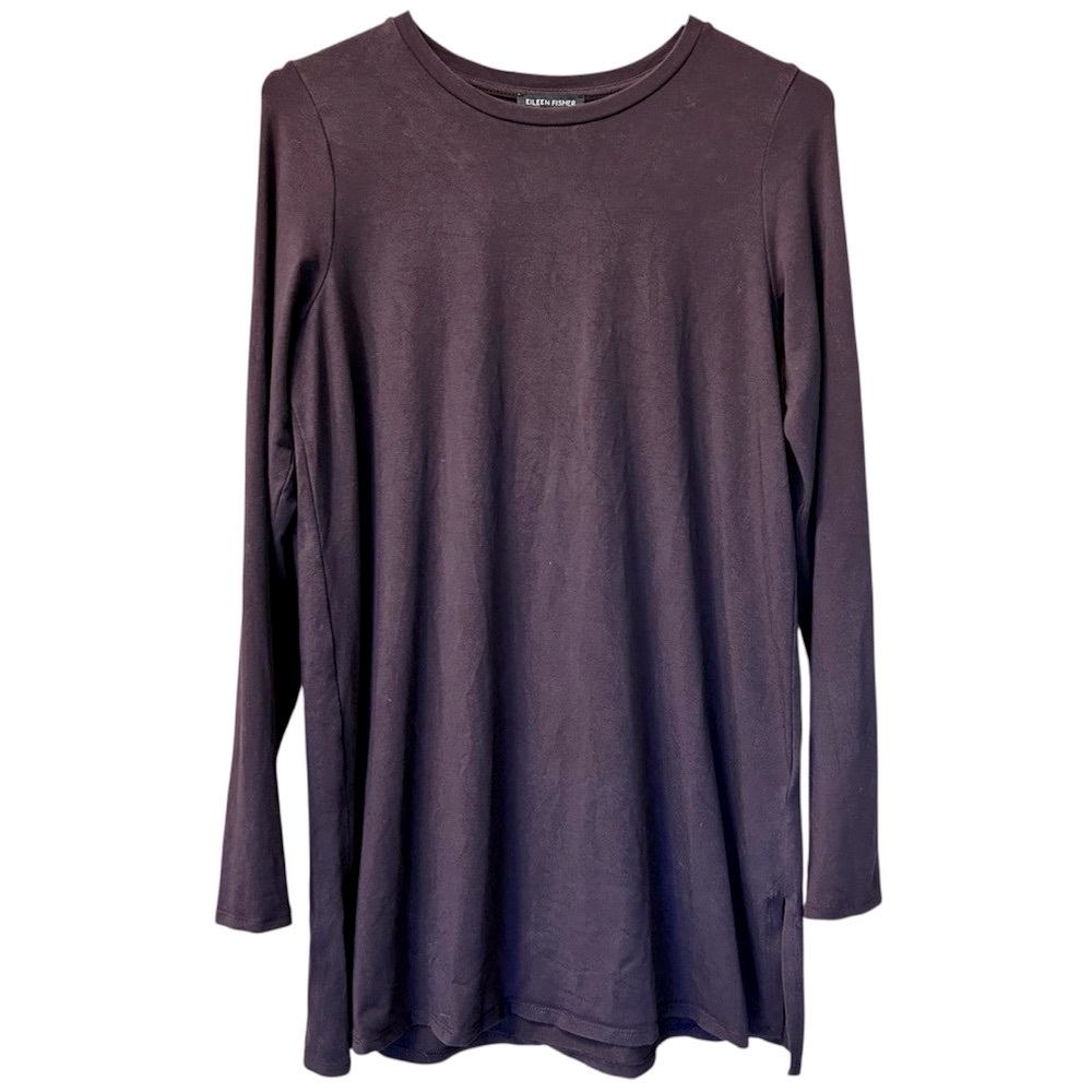 Eileen Fisher Petite Small PS Tencel Tunic Top Dark Purple Long Sleeve Crewneck